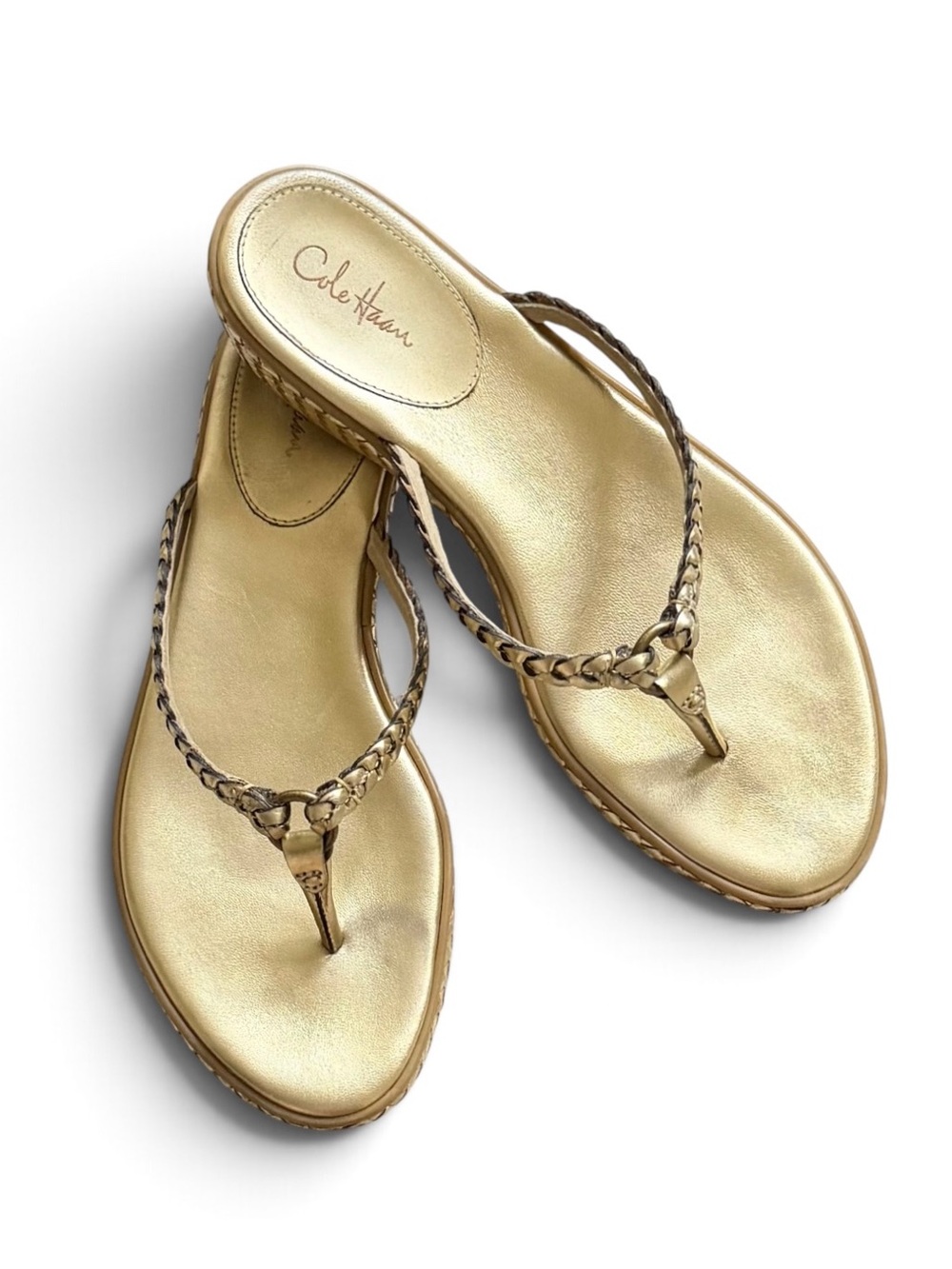 Cole Haan Nike Air Metallic Gold Braided Leather Thong  Haylee Sandals Size 7